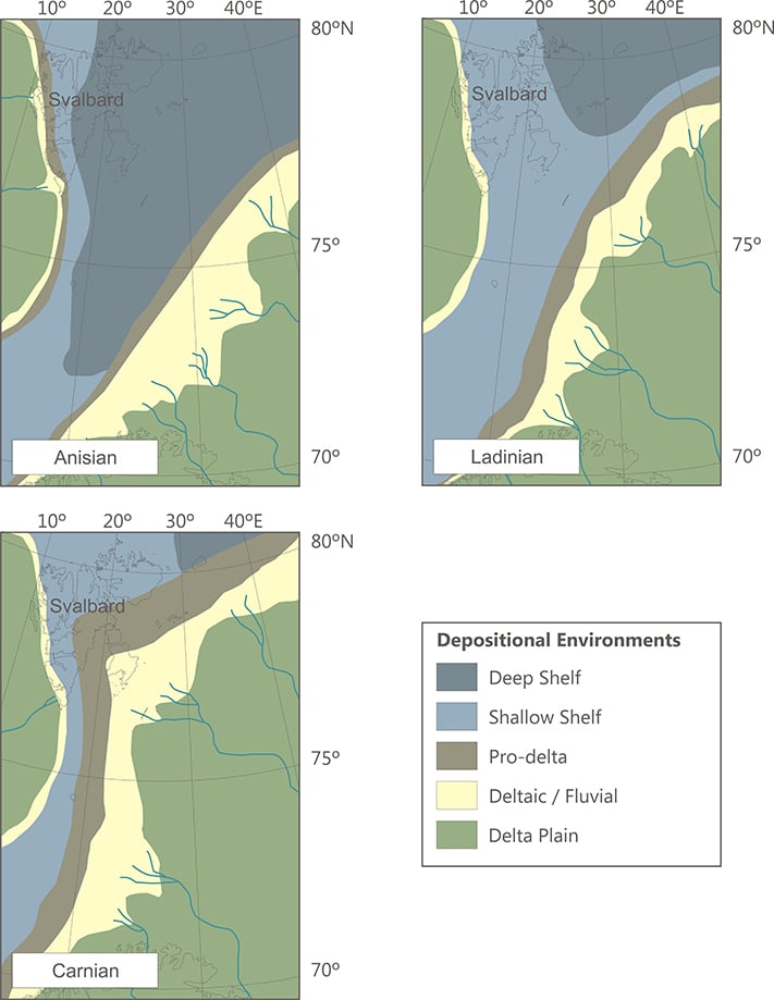 Paleogeografiske kart fra tre tidsintervaller i midtre trias (anis, ladin) og sen trias (carn). Legg merke til at deltaflaten bygger seg nordvestover i retning Svalbard, hvorpå de dype sokkelområdene etter hvert blir begravd. Kildebergart er derfor mest sannsynlig i nedre og midtre trias (Steinkobbeformasjonen), mens reservoarbergarter vil være mer utbredt lengre opp i lagrekken (Snaddformasjonen).