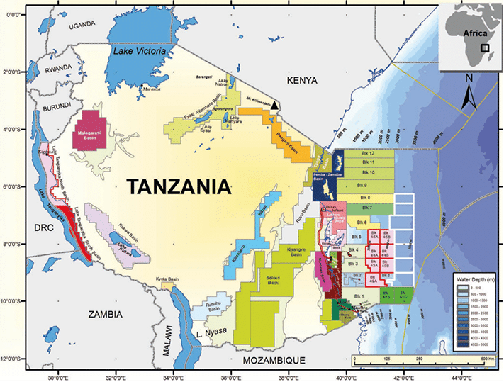 Aktivitetskart for Tanzania. Blokker som tilbys i den fjerde lisensrunden er vist med grønt omriss. Statoils blokk 2 ligger langt i sør og utenfor Mandawa-bassenget hvor geologer fra Universitetet i Oslo har pågående forskningn- og utdanningsprosjekter. Kilde: Tanzania Petroleum Development Corporation (TPDC)