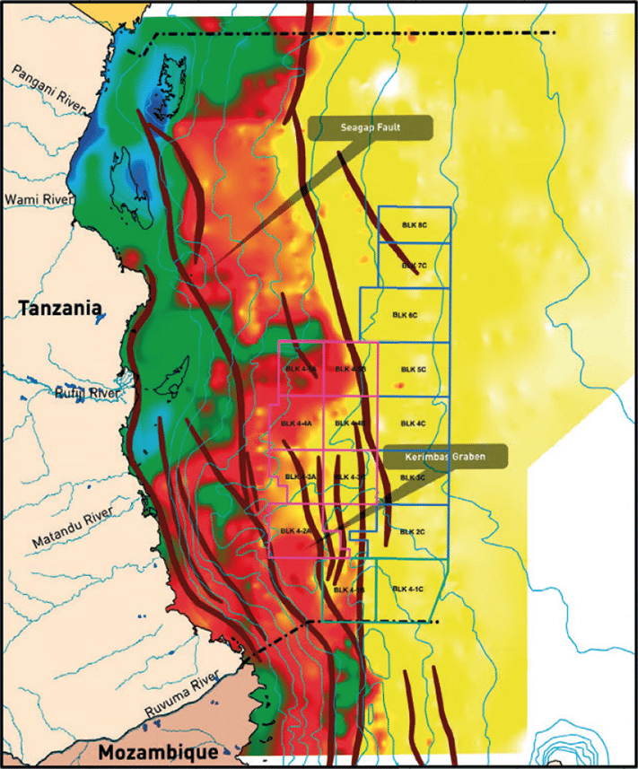 Total sedimenttykkelse offshore Tanzania. Mens det lengst i øst kun er en tynn pakke med sedimenter (noen få tusen meter), er det opp til 25.000 meter med sedimentær bergarter lengst i nordvest på den tanzanianske sokkelen. Der Statoil har gjort funn er sedimentmektighetene i størrelsesorden 10.000 meter. Kilde: TPDC
