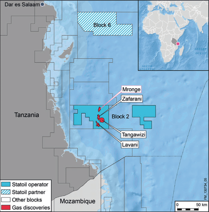 Statoils fem gassfunn utenfor Tanzania ligger på dypt vann. Blokk 2 var opprinnelig 11.099 kvadratkilometer, men deler av blokken er nå tilbakelevert. © Statoil