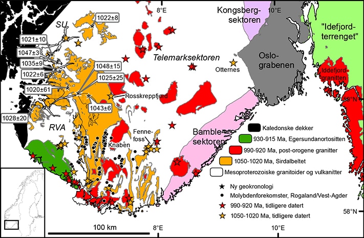 Forenklet, regionalt berggrunnskart over Sør-Norge. Sirdalbeltet (oransje) er basert på ny kartlegging gjort i løpet av de siste ti årene. Den kjente utbredelsen av svekonorvegisk magmatisme før denne kartleggingen er vist med vertikal skravur. Kartleggingen øst og sør for Knaben er underveis, og ferske data tyder på at beltet har større utbredelse enn det som er vist i kartet. Illustrasjon: NGU