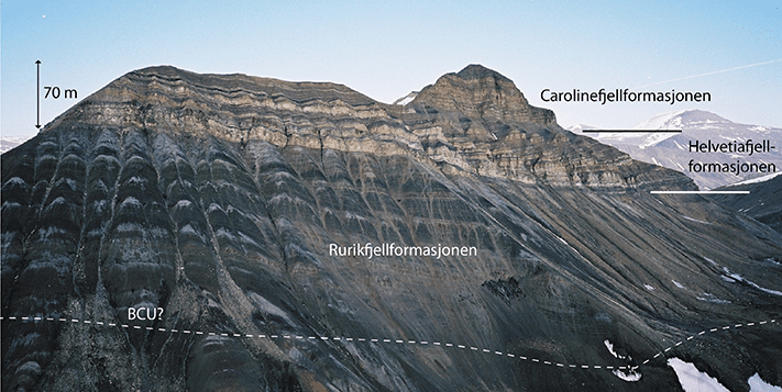 Louiseberget i Van Keulenfjorden, vest-Spitsbergen. Den nederste, mørke slamsteinen er Rurikfjellformasjonen, fulgt av Helvetiafjellformasjonens klippedannende sandsteiner. De øverste sandsteinene rett under toppen av fjellet tilhører Carolinefjellformasjonen. Foto: Ivar Midtkandal