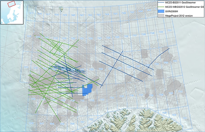 PGS sin database i Barentshavet. MegaProject i lyst grått, 2D GeoStreamer og konvensjonell kilde i blått og pågående 2D GeoStreamer GS innsamling i grønt. © PGS