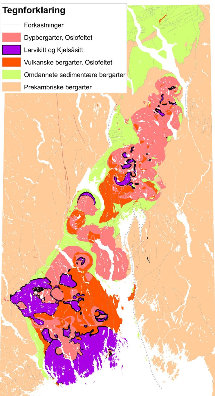 Oslofeltet med sedimentære bergarter fra kambrium, ordovicium og silur (lys grønn farge), samt størkningsbergarter fra perm, inklusive larvikitt. Oslofeltet ligger i en graben omgitt av grunnfjellsgneiser. Kartografi: Tom Heldal