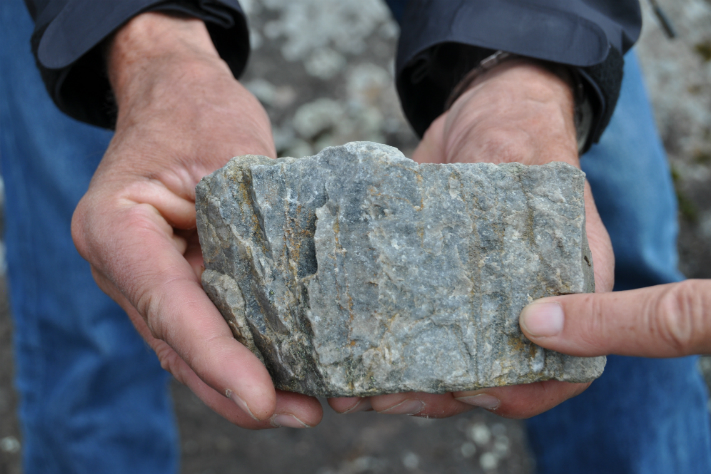 Den kvartsrike sandsteinen ble avsatt som sanddyner i et grunt hav og har bevart gamle, vertikale gravespor (Skolithos). Foto: Halfdan Carstens