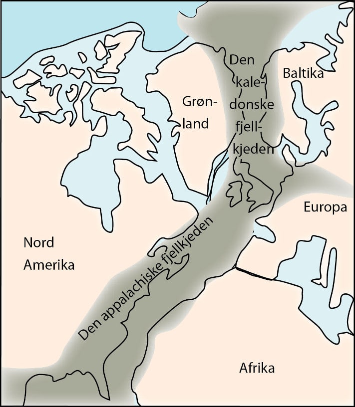 Kaledonidene i Norge. Skyvedekkene er delt inn i enheter med forskjellig farge. Dyp (km) i Sør-Norge indikerer omtrentlig hvor dypt forskjellige deler av grunnfjellet ble begravd under kollisjonen med Grønland. Illustrasjon: Haakon Fossen