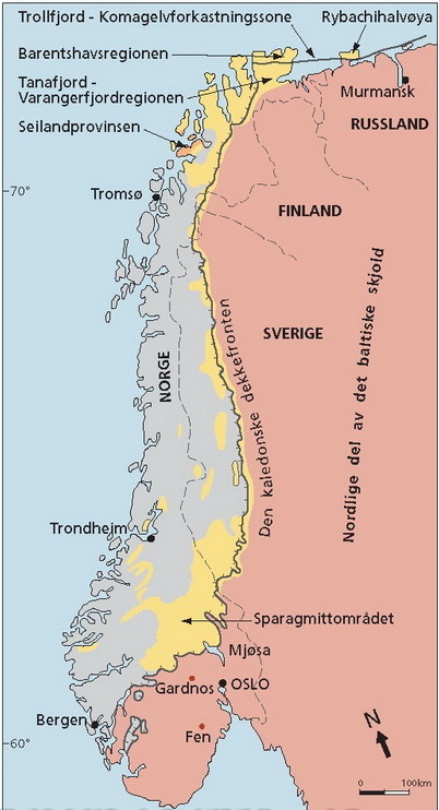 Baltika i sen urtid. Langs den nordvestlige randen lå flere riftbassenger. De ble senere skjøvet inn over fastlandet, og restene etter dem kan følges fra det indre Østlandet, gjennom deler av Norge og Sverige, til Finnmark. Sandsteiner er mest vanlig, men andre bergarter, som samlet sett reflekterer store klimavariasjoner sent i urtiden, finnes også. Kilde: Landet blir til, NGF 2006