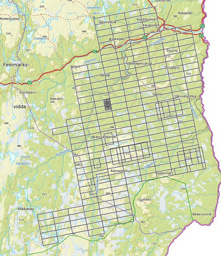 Bergrettighetskartet over Karasjok, oppdatert per 11. januar 2012, viser hvilke leterettigheter som er tildelt i deler av Karasjok kommune. Det aller meste av arealet disponeres nå av Klosters Rederi (utstedt 28.11.11), mens Store Norske Gull har rettighetene i et lite område ved Raitevarri (utstedt 14.09.2007). Andre selskaper som har sikret seg rettigheter innenfor området vist her er Drake Resources (utstedt 20.11.11), Mineralia (utstedt 20.11.11) og Terra Control (utstedt 12.09.2007). Kilde: Direktoratet for mineralforvaltning