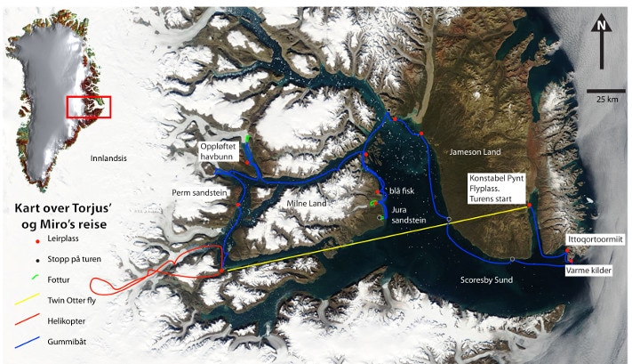 Ekspedisjonsdeltakerne reiste inn i istiden. Omtrent slik kan vestkysten av Norge ha sett ut for 10 000 år siden. Den lille bygda Scoresbysund, og verdens lengste fjord med samme navn, ligger på omtrent samme breddegrad som Tromsø (70°N). Likevel er dette Arktis, og fjorden er frosset 8-9 måneder om året. Båtreisen var på nesten 800 km og tok tre uker. Satellittbildet er tatt en sommerdag og gir et bra inntrykk av geologien. Områder med harde bergarter (gneis, granitt og basalt) ligger typisk i over to kilometers høyde og er derfor dekket med snø. De snøfrie områdene er det lavereliggende terrenget med de mykere mesozoiske sedimentære bergarter. Illustrasjon: Ebbe Hartz/ http://visibleearth.nasa.gov