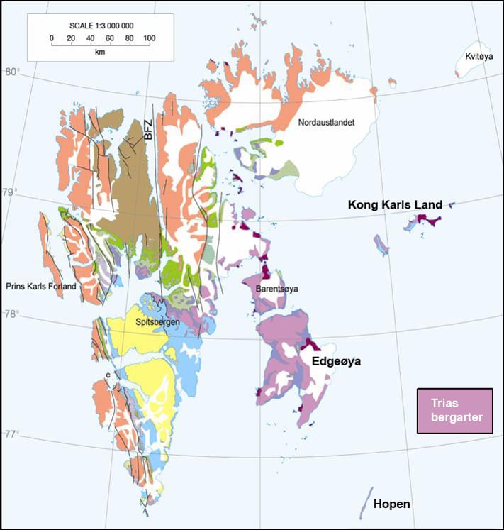 Det geologiske kartet over Svalbard viser hvor vi finner bergarter av forskjellig alder. Kong Karls Land, Edgeøya og Hopen er alle dominert av sedimentære bergarter fra trias. De siste funnene av fossile fiskeøgler er gjort på Edgeøya. Edgeøya er den nest største øya i Svalbard-arkipelet, på 5074 km2. Den eneste måten å komme seg hit på, er med egen båt eller med helikopter. For øvrig skal all ferdsel godkjennes av Sysselmannen på Svalbard. Dette er med andre ord ikke lett tilgjengelige områder. Mye av øya er i tillegg dekket av isbreer. Kilde: Oljedirektoratet