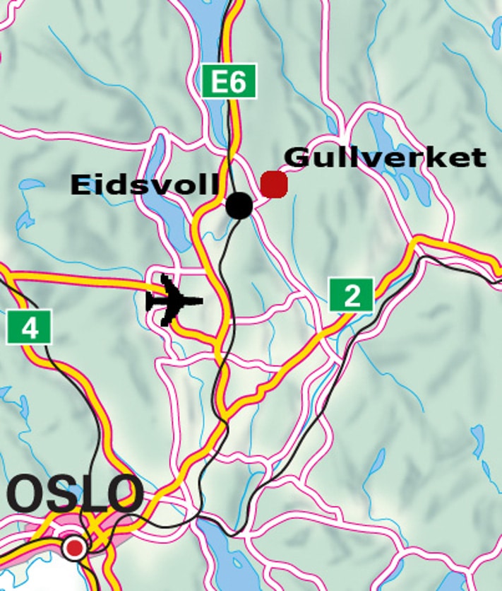 Nordic Mining har mutet et lite område ved de gamle gullgruvene som ligger nord for Eidsvoll. Du kommer dit ved å følge skiltene til Gullverket fra Eidsvoll ved Vorma. Gullverket er et lite område som fikk navnet sitt under en tidligere periode med gruvedrift. Kartografi: Masaoki Adachi
