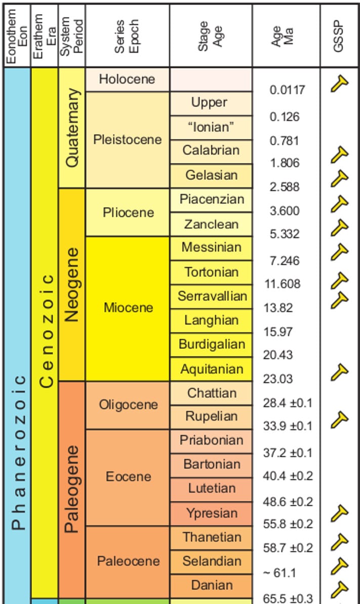 Gjeldende geologiske tidsskala for kenozoikum med paleogen, neogen og kvartær. Vi ser at termen tertiær (paleogen og neogen) ikke benyttes. De gylne hammerne representerer “Global Stratotype Section and Point” (GSSP) som er referansepunkter for undergrensen av et stadium. GSSP for kvartær ligger på Sicilia (Monte San Nicola). Kilde: www.stratigraphy.com