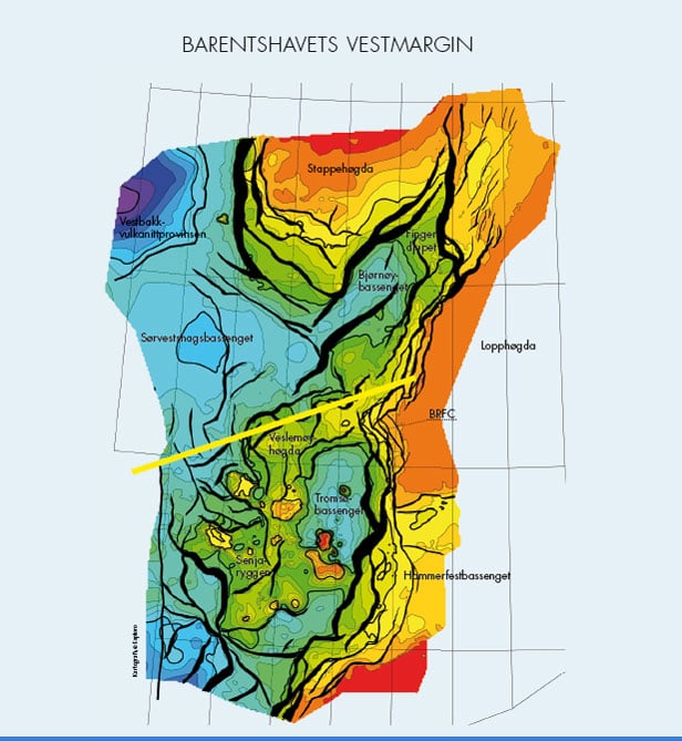 Kartet viser dypet ned til bunnen av kritt, hvor dypet ned til horisonten øker fra rødt til blått (regnbuens farger). Over store områder er det ikke mulig å se under basis kritt fordi pakken med sedimenter avsatt i både kritt og kenozoikum er svært tykk. Plasseringen av det seismiske linjesnittet er vist med gul farge. © Exploro