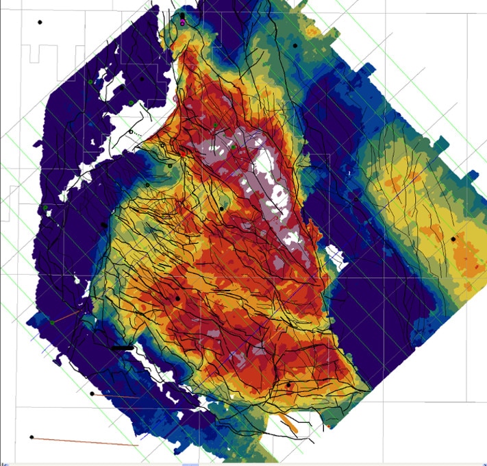 Hastighetskart for bergartene under kritt. Kartet viser gjennomsnittlige seismiske hastigheter i et par hundrede meters tykt skive under Bunn kritt. Dette har fremkommet ved å invertere refraksjons energi med opphav i top kritt. Illustrasjon: Lundin Norway AS