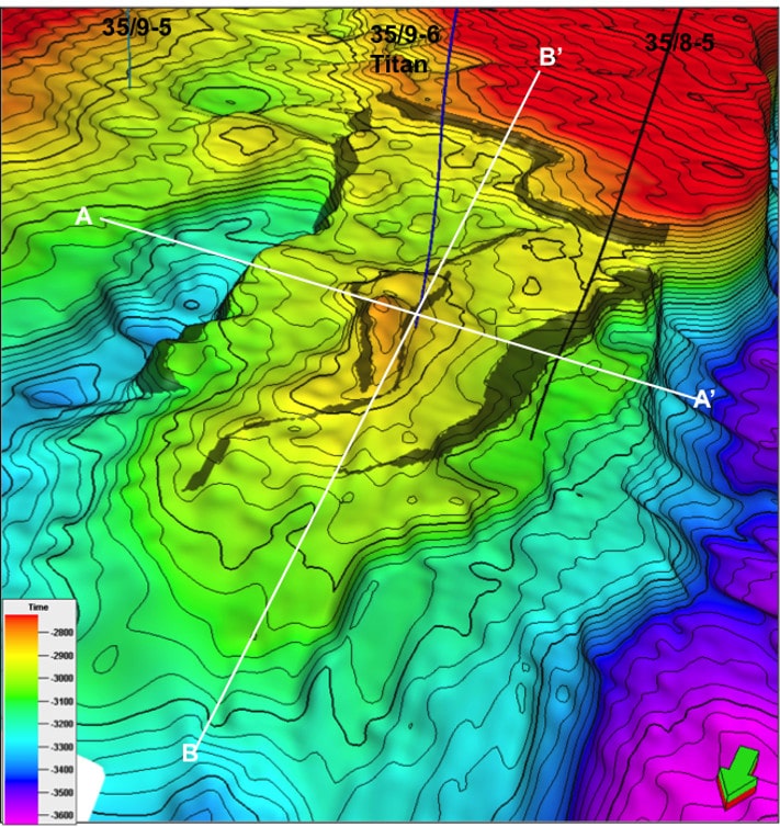Kart over topp Brent på Titan-funnet med plasseringen av de to linjene som er vist på motstående side. Illustrasjon: RWE Dea
