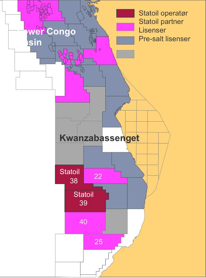 Statoil har som vi ser fått en sterk posisjon i Kwanzabassenget med operatørskap på to blokker og deltakelse i tre andre blokker. Illustrasjon: Statoil