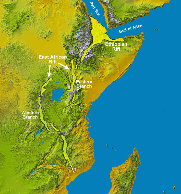 Den østafrikanske riftdalen dannes fordi Afrika er i ferd med å dele seg i to. Afartrianglet er en såkalt “triple junction” hvor tre plater (den afrikanske, den indiske og den arabiske) beveger seg fra hverandre langs tre spredningsrygger (Den østafrikanske riften, Rødehavet og Adenbukta). Resultatet er fortynnet skorpe og innsynkning. Afartrianglet er ett av to steder på Jorden der den midtoseaniske ryggen kommer på land. Kartografi: geology.com