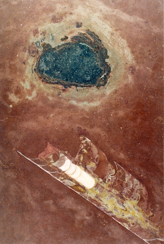 Small meteorite adjacent to orthoconic nautiloid (the meteorite is c. 8 X 6 cm) from the Holen Limestone, Sweden. Photograph Mario Tassinari and Birger Schmitz. Courtesy of Birger Schmitz, University of Lund