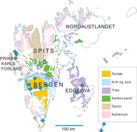 2.Kartet Viser alle letebrønnene han SOM Boret på Svalbard. I tillegg Har vi lagt til for å AV Turst Arktikugols kullboringer innerst i Bille Som påviste Små mengder Olje (grønn prikk). Ellers er Det blott Boret "Torre" Bronner, SELV om Det er påvist spor av gass Enkelte steder. I en av de (SARS Tangen 1) bare DET også tester målbare mengder gass i Små mengder. Den første letebrønnen på Svalbard han også den nordligste (Rett øst av Prins Karls Forland). Kartografi: Geopublishing