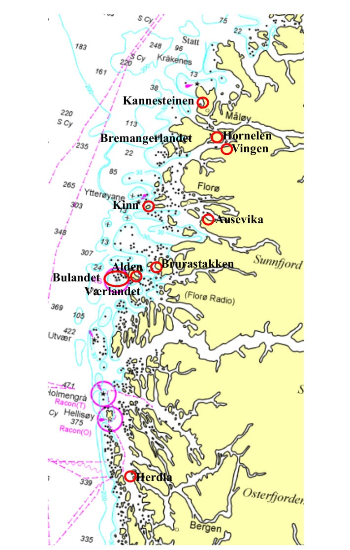 Rød ring viser stedene omtalt i artikkelen. Felles for dem alle er at de lett kan nås ved å bruke sjøvien i stedet for landeveien. Kystlinjen utenfor Sogn og Fjprdane karakteriseres også av flere felt med devonske bergarter. Kart: Prokart/Kartverket