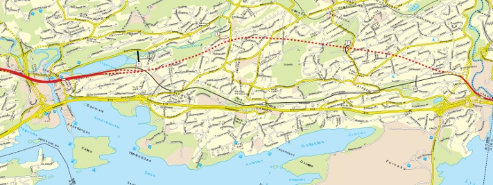 Tunnelen mellom Lysaker og Sandvika går under et tette befolket område. ”T” står for tverrslag, atkomsttunneler til selve tunnelen. Kartografi: Jernbaneverket