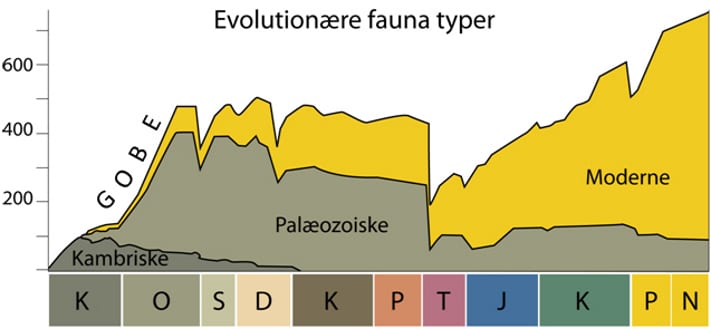 The three great marine evolutionary faunas indicating the track of the GOBE. Drawn by Anne Haastrup Ross, University of Copenhagen