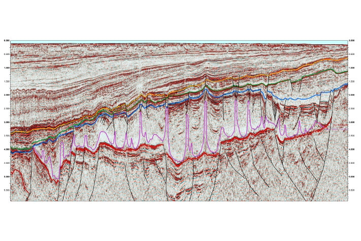 Nye, moderne data har vært viktig for å forstå geologien i Det norsk-danske basseng. Denne linjen (NSR; North Sea Rennaissance, TGS) er skutt med 8 km lang kabel og gir ny informasjon om de paleozoiske lagene. Linjen går far sørvest mot nordvest, fra Megalodon (t.v.), gjennom Egersundbassenget og opp til Kogge-prospektet hvor ExxonMobil boret tørt for et par år siden. Illustrasjon: TGS