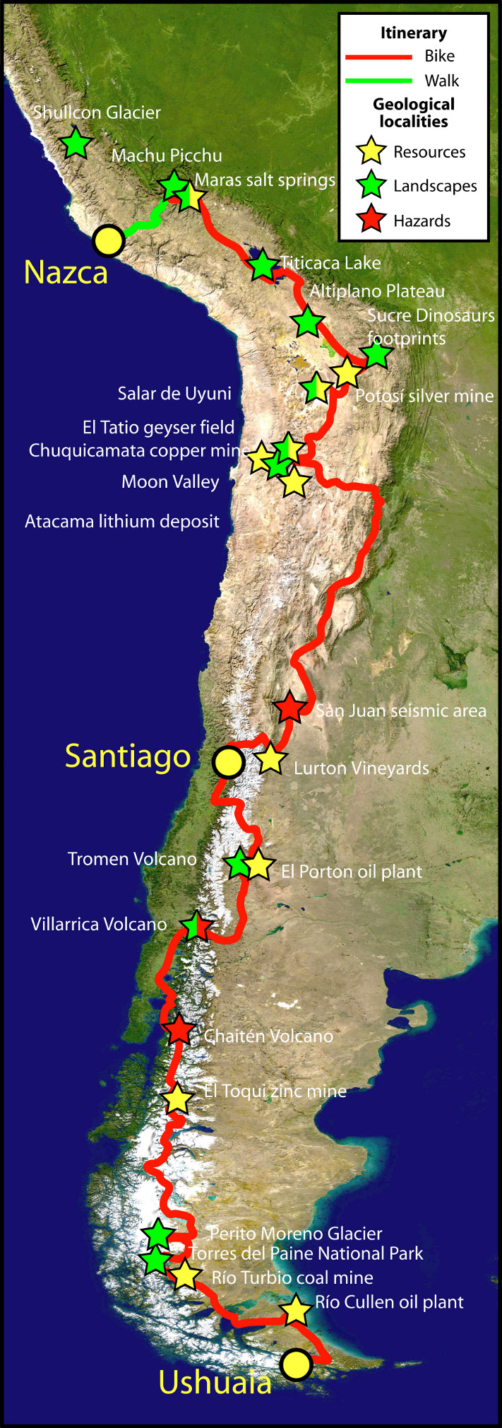 De to geologene syklet mer enn halve Sør-Amerika på langs. Starten gikk i Ushuaia lengst sør i Argentina og endte opp i Nazca i Peru. I løpet av 8 måneder var 8000 kilometer tilbakelagt på sykkel (det tilsvarer omtrent Oslo-Trondheim tur/retur åtte ganger) og 400 km på føttene. Andesfjellene ble krysset åtte ganger. Stjernene viser steder som ble besøkt som en del av formidlingsprosjektet. Gule stjerner angir steder med geologiske ressurser, grønne stjerner angir spesielt interessante landskaper, mens rød stjerner angir steder med geofarer (vulkanisme, jordskjelv). Turen gikk på langs av Andesfjellene, og prosjektet ble derfor gitt navnet Andean Geotrail. Kartografi: Andean Geotrail