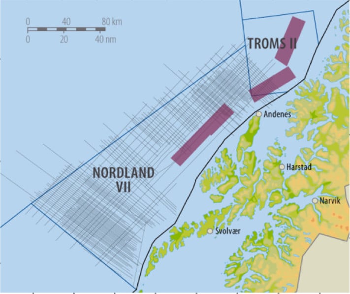 Oljedirektoratet har gjennom tre år samlet inn 14 300 km 2D seismikk, 2760 km2 3D seismikk og elektromagnetiske data (CSEM) i Nordland VII og Troms II, to områder som ennå ikke er åpnet for petroleumsvirksomhet. I kombinasjon med seismikk av gammel årgang gir dette geologene et godt grunnlag for å vurdere mulighetene for å finne olje og gass, samt gjøre beregninger for å ha en formening om hvor store eventuelle olje- og gassfunn kan være. Illustrasjon: Oljedirektoratet