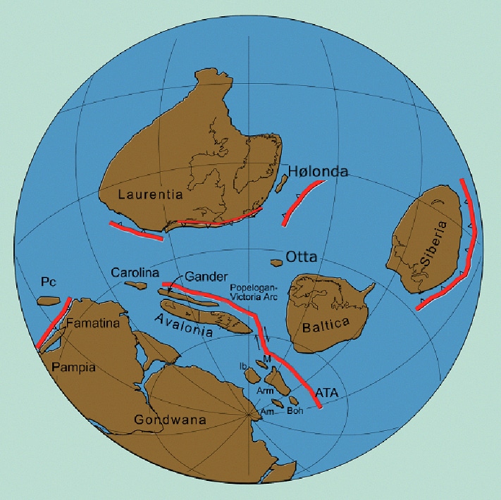 Dispersion of the continents during the mid Ordovician. Courtesy of Conall Mac Niocaill, University of Oxford