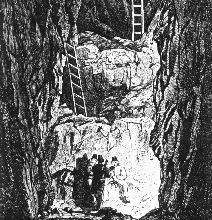 Gruvearbeidere på Kongsberg i en typisk arbeidssituasjon med håndboring av sprenghull på strosse der sølvmalmen ble brutt. Stikk av Søborg, trykt i Skillings-Magazin 1868