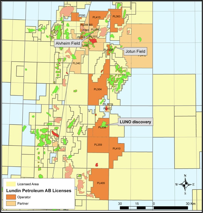 Lundin Petroleum har på få år bygget opp en solid portefølje på norsk sokkel. Filosofien er å være god i noen få, utvalgte områder, og ett av satsingsområdene er den sørlige delen av Vikinggrabenen og langs flankene av denne. Mørk brun farge viser hvor Lundin er operatør, mens lys brun farge viser lisenser hvor de er partner. I tillegg til Luno-funnet er Lundin i det samme området også med på Jotun-feltet som produserer omtrent 8000 fat per dag (Lundin har 7 %) og utbyggingen av Alvheim-feltet med 150 millioner fat i reserver (Lundin har 15 %). © Lundin Petroleum