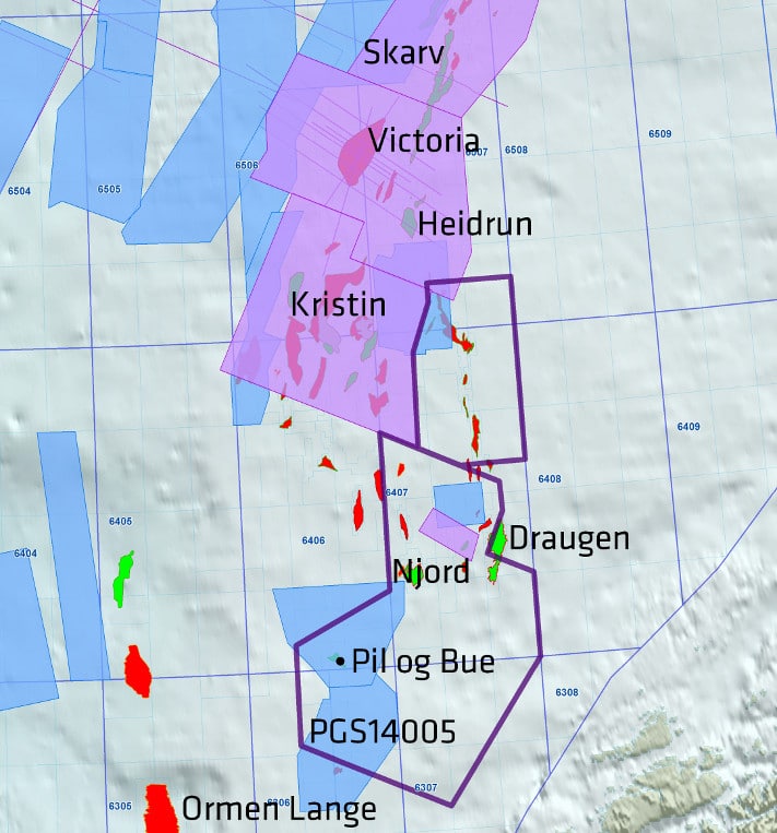 Prospektet Pil ligger lengst sør på Haltenterrassen. Kartet viser andre felt og PGS-seismikk i området. Illustrasjon: PGS