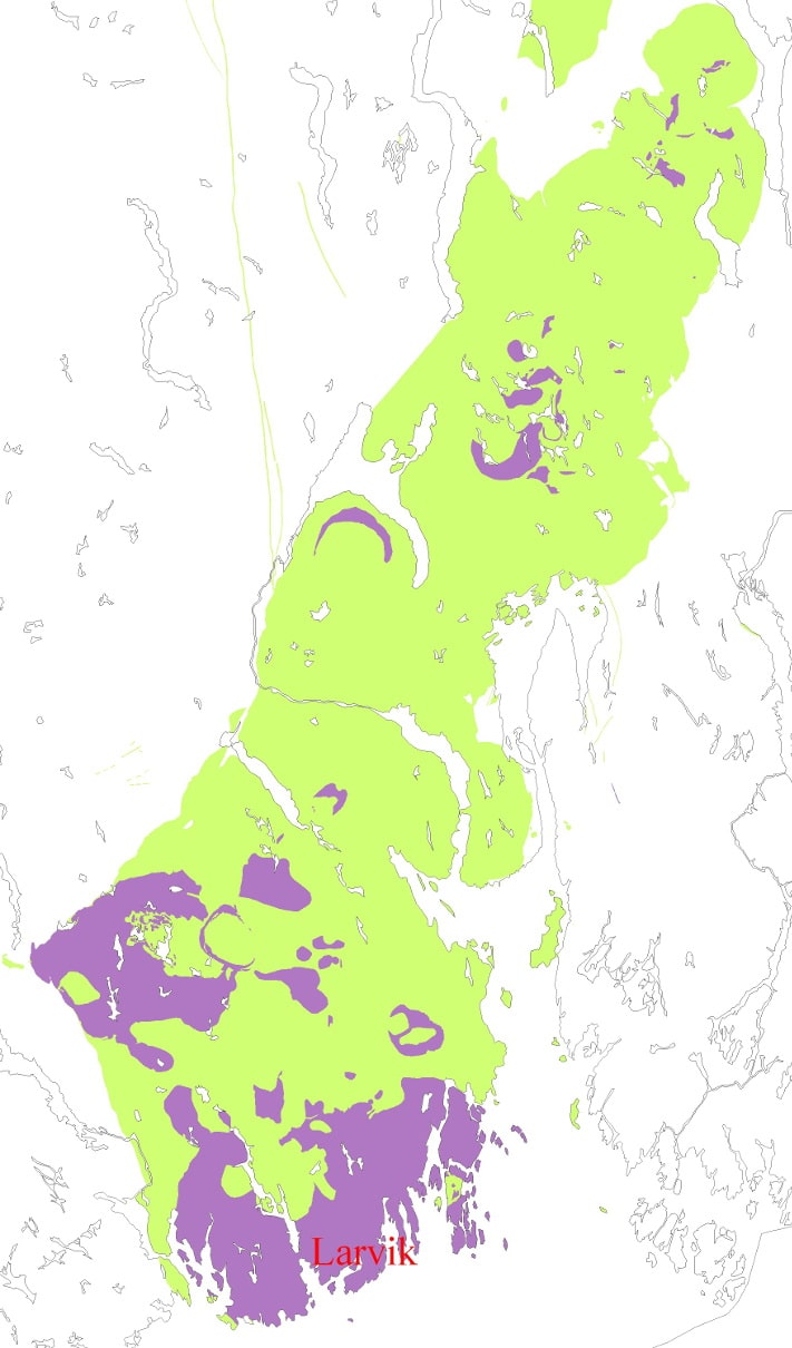 Oslofeltet med sedimentære bergarter fra kambrosilur og intrusivbergarter fra perm ligger i et belte fra Vestfold til Mjøstraktene. På dette kartet er forekomster med larvikitt avmerket, men det er bare rundt Larvik at bergarten har et fargespill som kan utnyttes kommersielt. Kartografi: Ole Lutro, NGU
