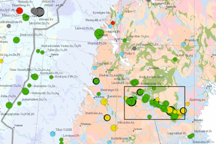 A part of the printed Ore Deposit Map based on the FODD. The area extends from the Skellefte province in the southeast, includes three of the deposits in the Gold Line and includes the Mofjellet deposit near Mo I Rana in Norway. Symbol sizes indicate in-situ value.