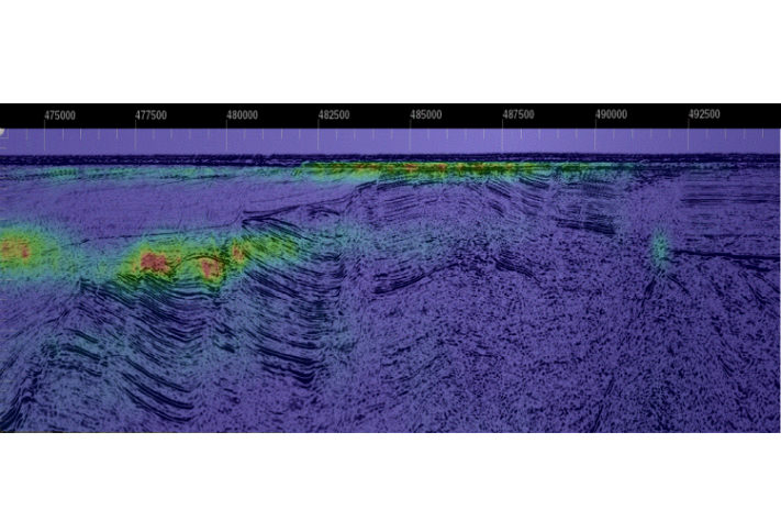 EM and seismic Skrugard discovery in the Barents Sea. Electrical resistivity (from 2.5D inversion) added over GeoStreamer data shot over Skrugard discovery in the Barents Sea. Red shows areas with increased resistivity. Illustration: PGS