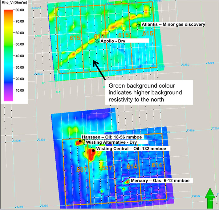 Resistivitetsanomalier i Hoop-området. De to sterkeste anomaliene er tydelig assosiert med de to funnene av olje på Wisting og Hanssen, mens Statoils tre brønner enten har en svak anomali eller mangler en anomali. © Atlantic Petroleum