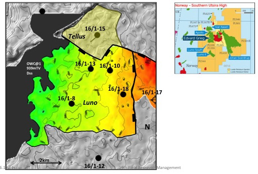 Edvard Grieg-feltet har to segmenter. Luno er størst med reservoar i hovedsakelig triassiske sandsteiner og konglomerater (en god blanding av eoliske dyner, samt grunnmarine, fluviale og alluviale avsetninger). Tellus har reservoar i forvitret basement samt en tynn pakke med krittsandsteiner over. Det går en markant forkastning mellom de to segmentene. Oljekolonnen er omtrent 80 meter. Brønn 16/1-12 sør for feltet har også påvist olje i porøse basementbergarter. © Lundin Norway