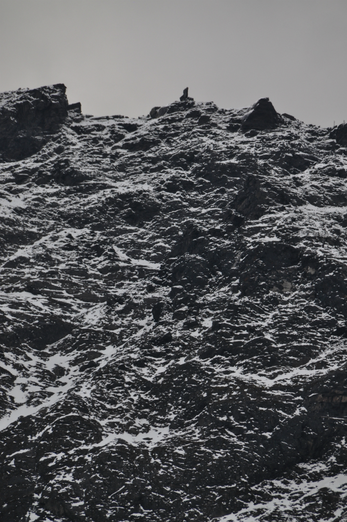 Fjellet har tatt navn etter den litt underlige figuren på toppen av fjellet. Men denne vil ikke rase ut. Det er et lite fjellparti under denne som vil falle ned. Foto: Halfdan Carstens