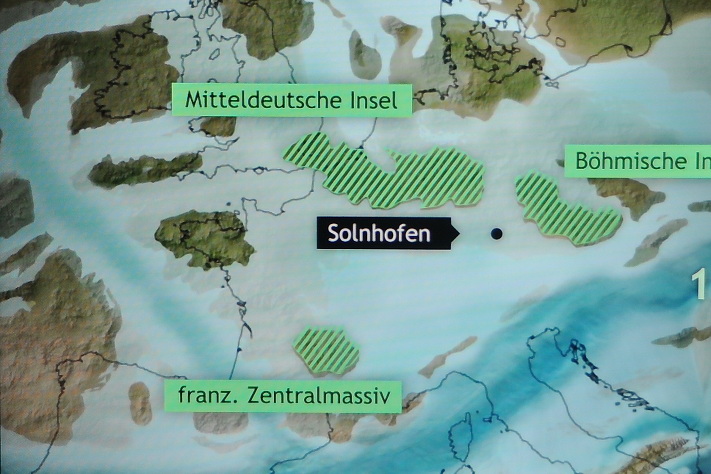Paleogeografi i Europa i sen jura tid slik museet i Solnhofen ser det for seg. Kilde: Bürgermeister-Müller-Museum, Solnhofen