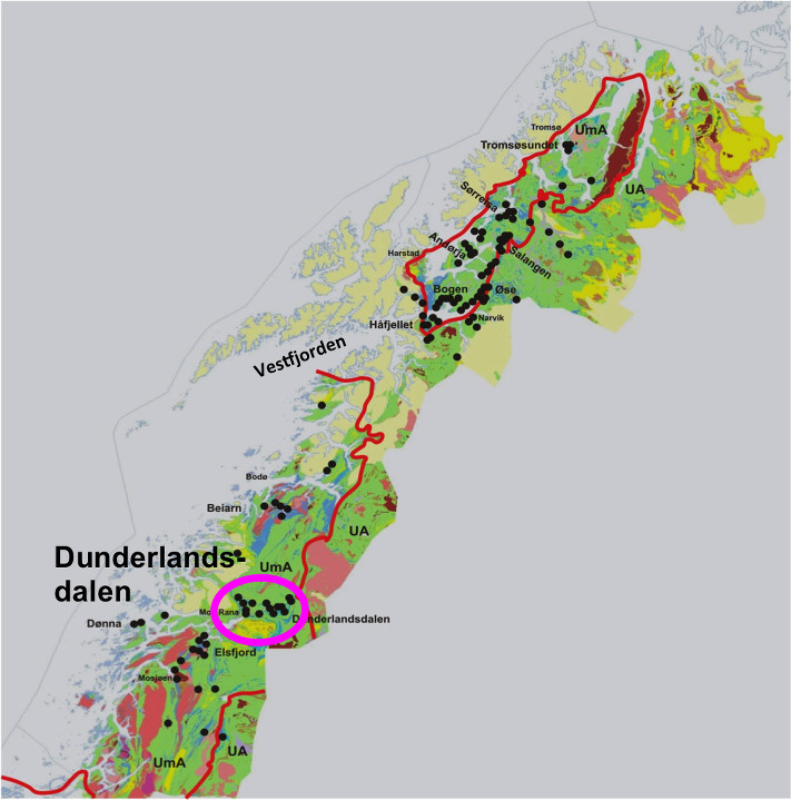 Rana-type jernmineraliseringer har blitt påvist i store deler av Nordland og Troms. Det samme området har lange tradisjoner med utvinning av små (Salangen) og store (Rana Gruber) jernmalmforekomster. Kartografi: NGU