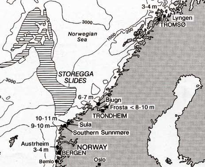 Kartskisse av Norskehavet med Eggaskredet og bølgehøydene. Punktene viser til steder som er undersøkt. Illustrasjon fra Stein Bondevik et al.