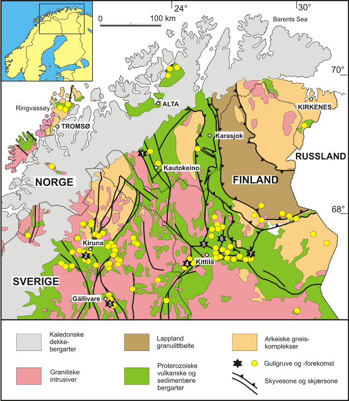 Grenseløse skjærsoner som viser hvor det er mulig å finne gull i Nord-Finland, Nord-Sverige og Nord-Norge. MINN-programmet er opptatt av å forbedre tolkningen av disse i Norge. De gule prikkene viser gullgruver og gullforekomster, herunder den nedlagte gruva Bidjovagge nord for Kautokeino der Arctic Gold har gjort undersøkelser med henblikk på å etablere en ny gruve. Kartografi: NGU