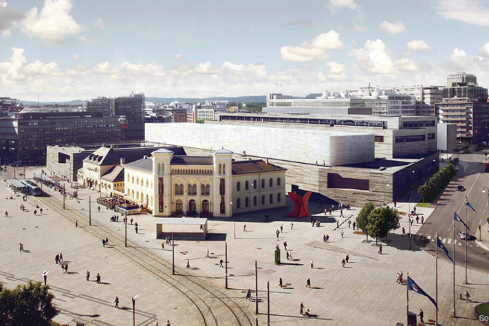 Nasjonalmuseet for kunst, arkitektur og design vil ligge på den gamle vestbanetomta bak Aker Brygge. Vestbanen blir beholdt, men bak får vi et monumentalbygg som skal kles med stein. Foto: Nasjonalmuseet