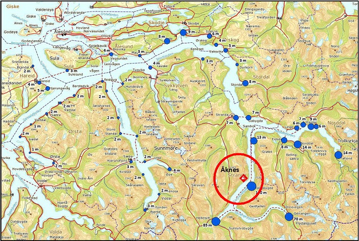 Estimerte oppskyllingshøyder i Storfjordbassenget. Illustrasjon: Åknes/Tafjord Beredskap IK