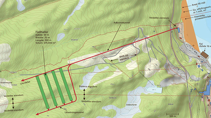 Fjellhallene som planlegges sprengt ut i Raudsand er 25x50x300 meter store og skal plasseres parallelt med en senteravstand på 75 meter.Adkomst til hallene er via en ca. 1 kilometer lang tunnel fra industriområdet ved Raudsand. Illustrasjon: Bergmesteren Raudsand AS
