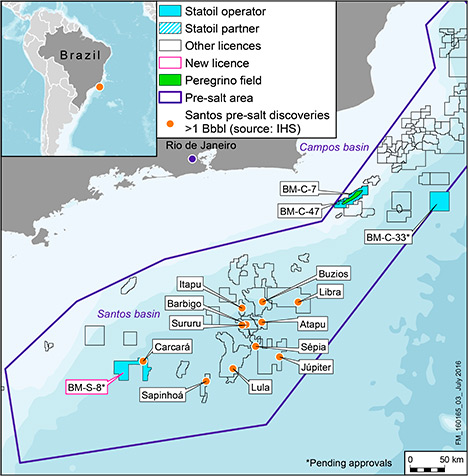 Statoil ASA (OSE:STL, NYSE:STO) og Petróleo Brasileiro S.A. - Petrobras (“Petrobras”) (BVMF: PETR4, NYSE:PBR) har inngått avtale om at Statoil skal kjøpe Petrobras’ eierandel på 66 prosent i lisens BM-S-8 i det svært produktive Santos-bassenget utenfor kysten av Brasil. Kjøpet omfatter en betydelig del av oljefunnet Carcará, et av de største funnene i verden de siste årene.