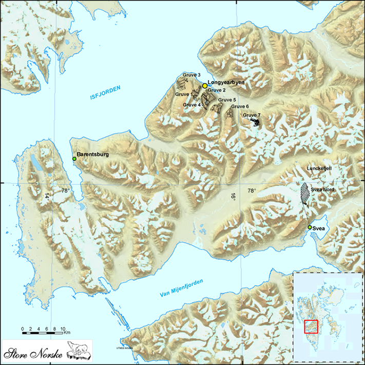 Det har vært gruvedrift på Svalbard siden tidlig på 1900-tallet. De fleste gruvene ligger i tilknytning til Adventfjorden. Unntakene er Pyramiden, Svea, Svea Nord og Lunckefjell. Kartografi: Bernt Holst, Store Norske