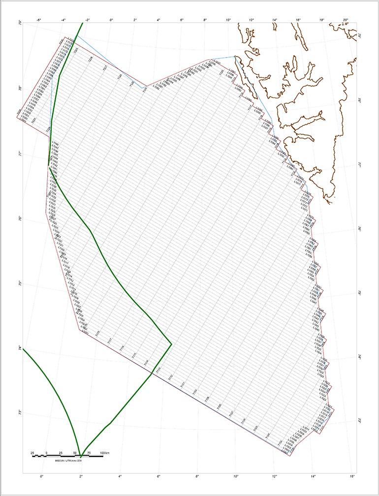 I alt 57000 profilkilometer skal flys over Knipovichryggen, de første 7200 km ble fløyet i høst. Det skraverte området på denne figuren viser hele måleområdet utenfor kysten av Svalbard. Kartografi: NGU